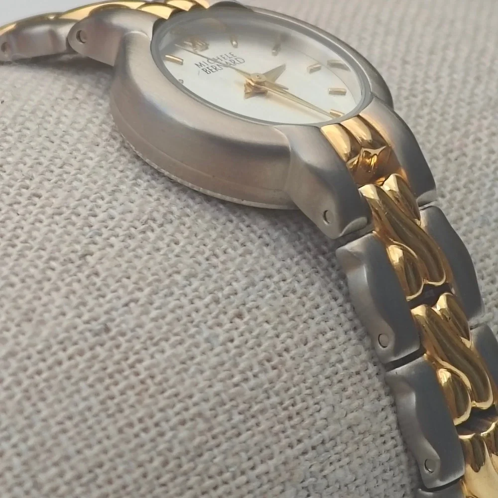 Michele Bernard Two Tone Women Watch Silver Gold Braided Link Case Fold Over